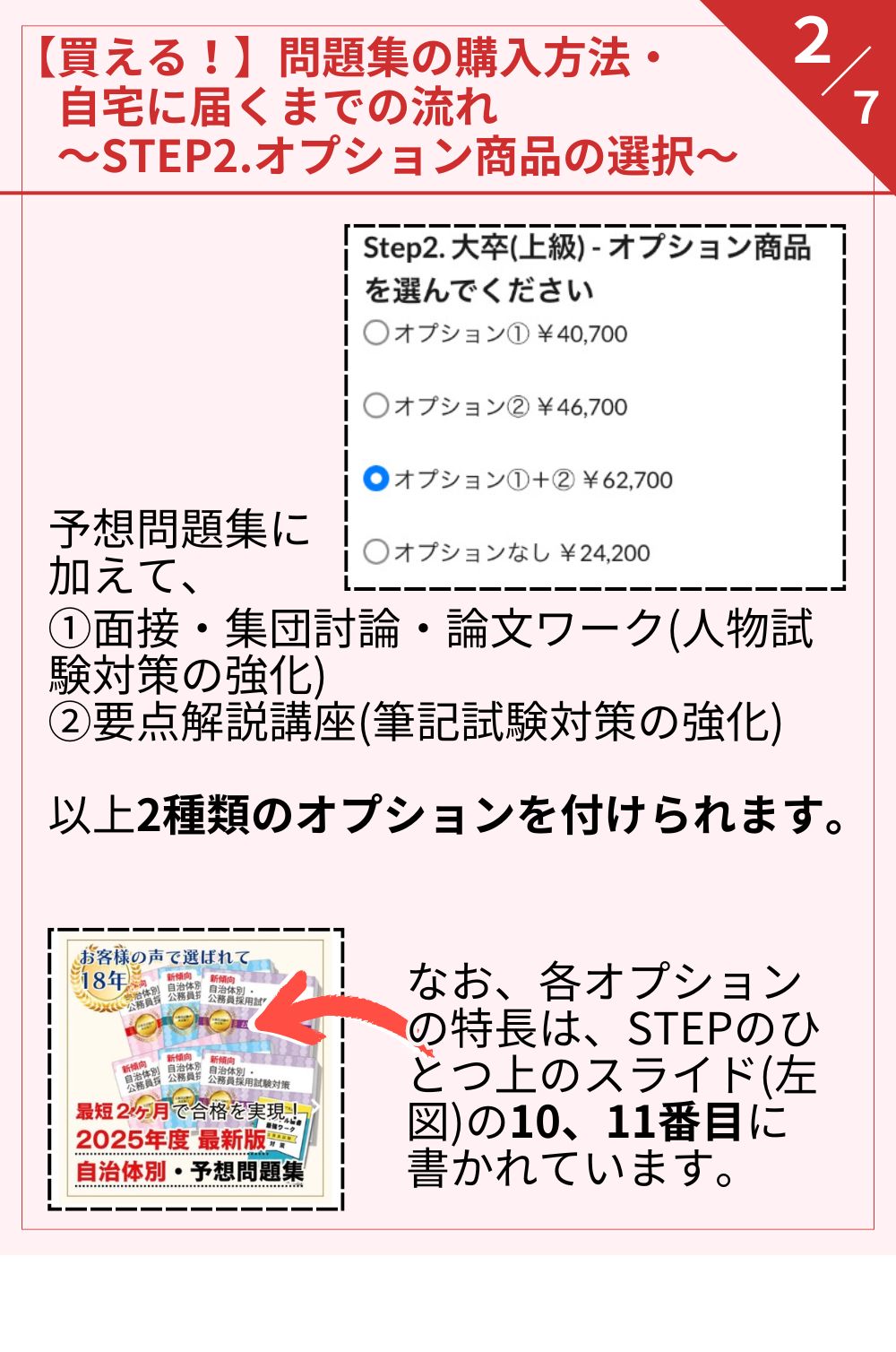 予想問題集に加えて、 ①面接・集団討論・論文ワーク (人物試験対策の強化)②要点解説講座(筆記試験対策の強化) 以上2種類のオプションを付けられます。