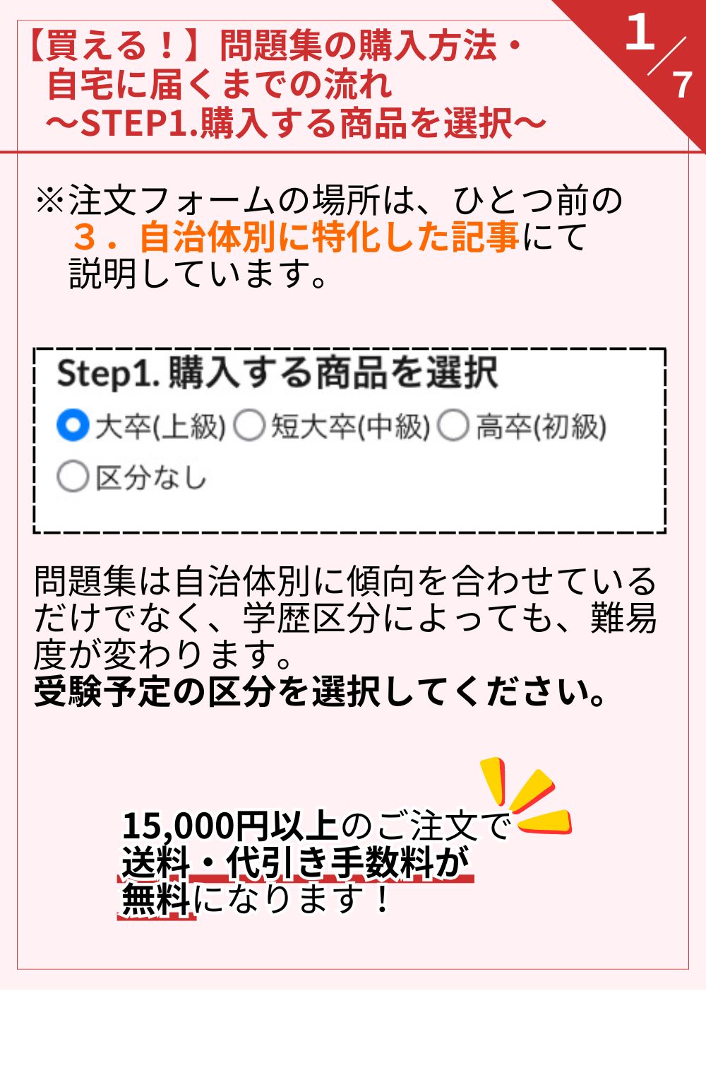 問題集は自治体別に傾向を合わせているだけでなく、学歴区分によっても、難易度が変わります。 受験予定の区分を選択してください。