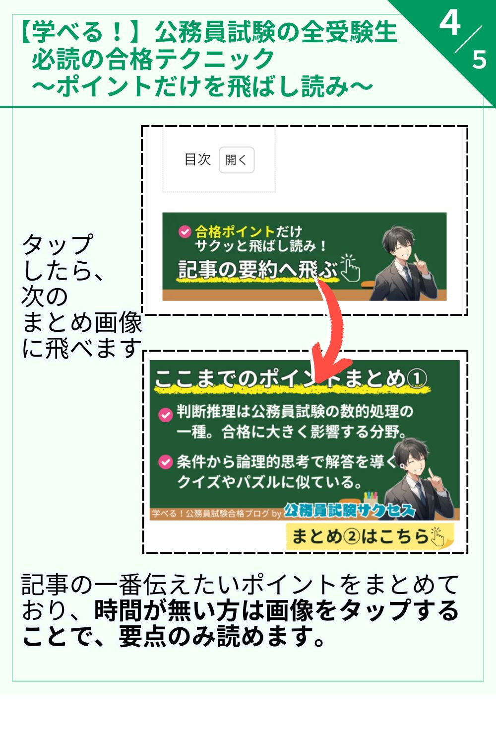 記事の一番伝えたいポイントを まとめており、時間が無い方は 画像をタップすることで、 要点のみ読めます。