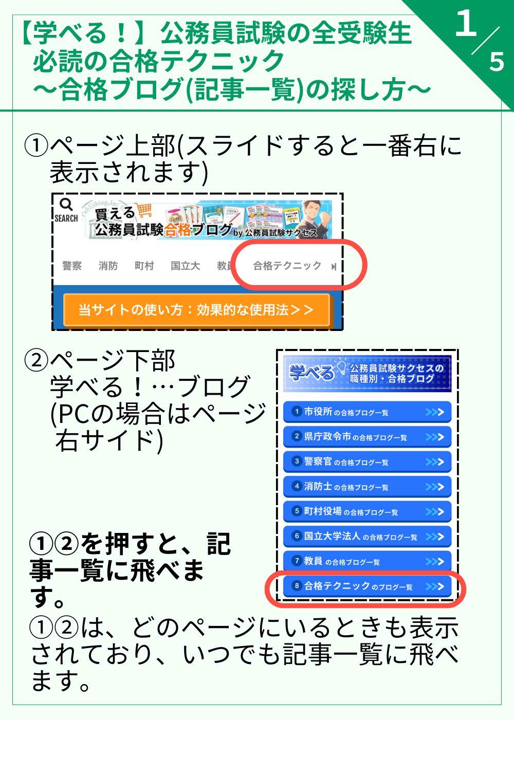 ページ上部、またはページ下部(PCの場合はページ右サイド)から、記事一覧を閲覧できます。